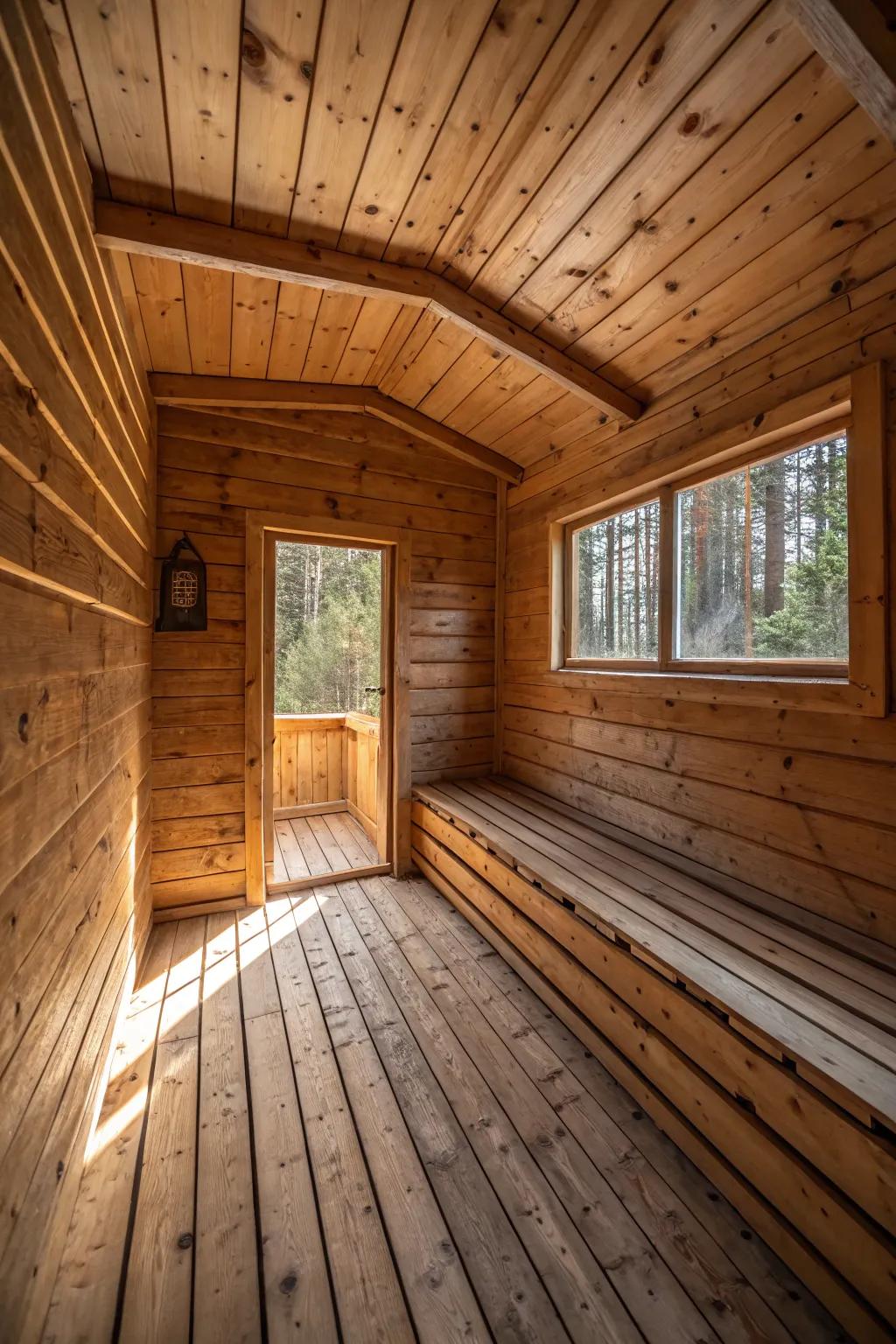 A rustic shed cabin with wooden features throughout.