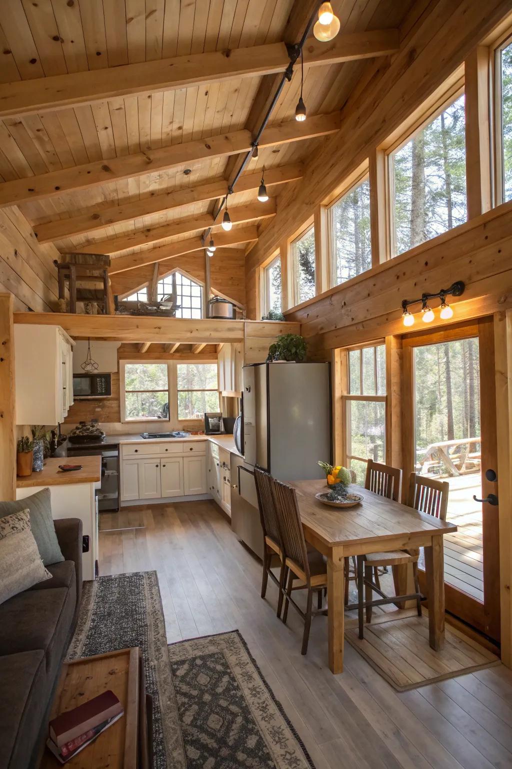 An open layout in a shed cabin that blends living, dining, and kitchen spaces.