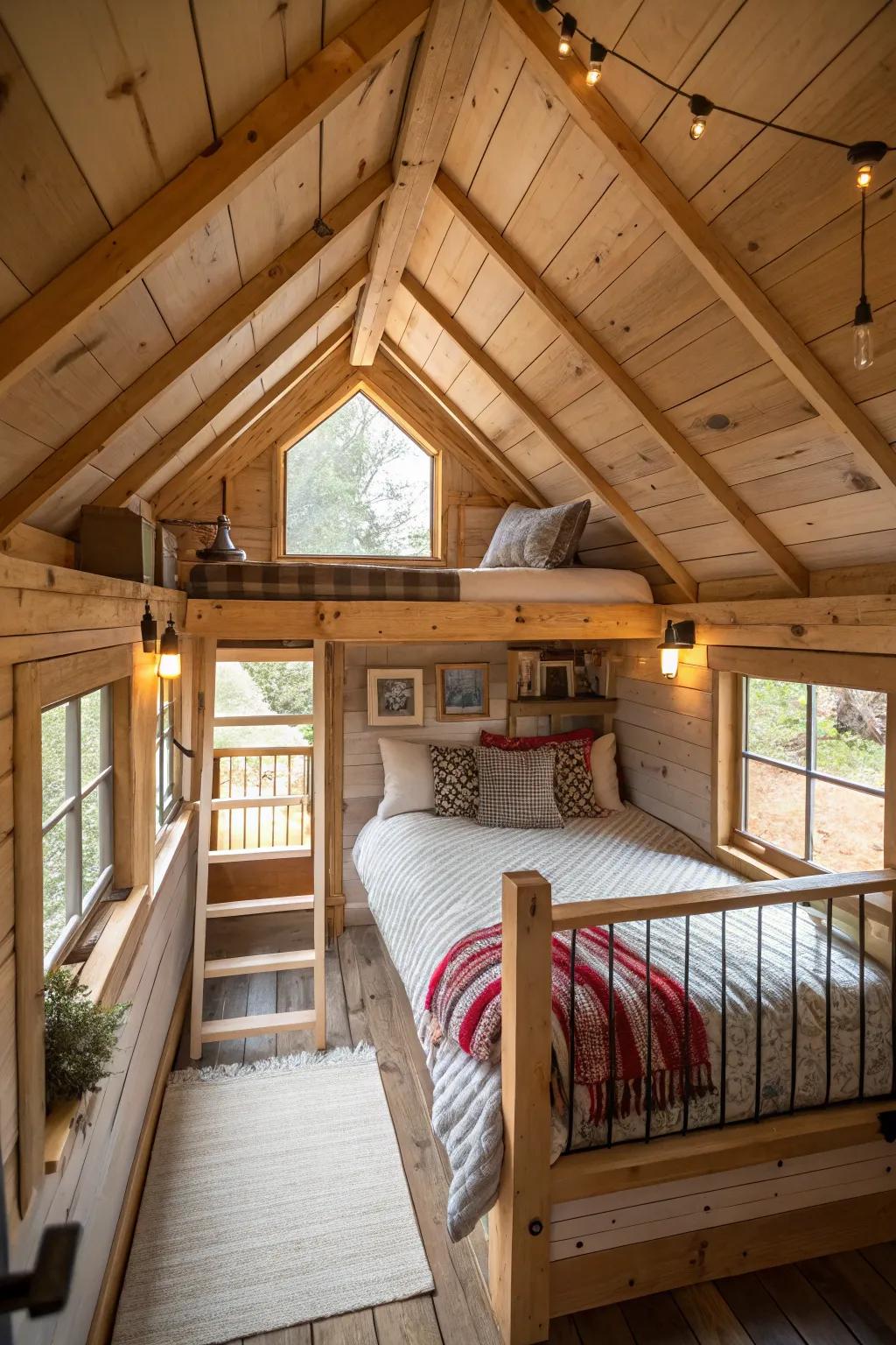 A loft sleeping area that maximizes space in a shed cabin.