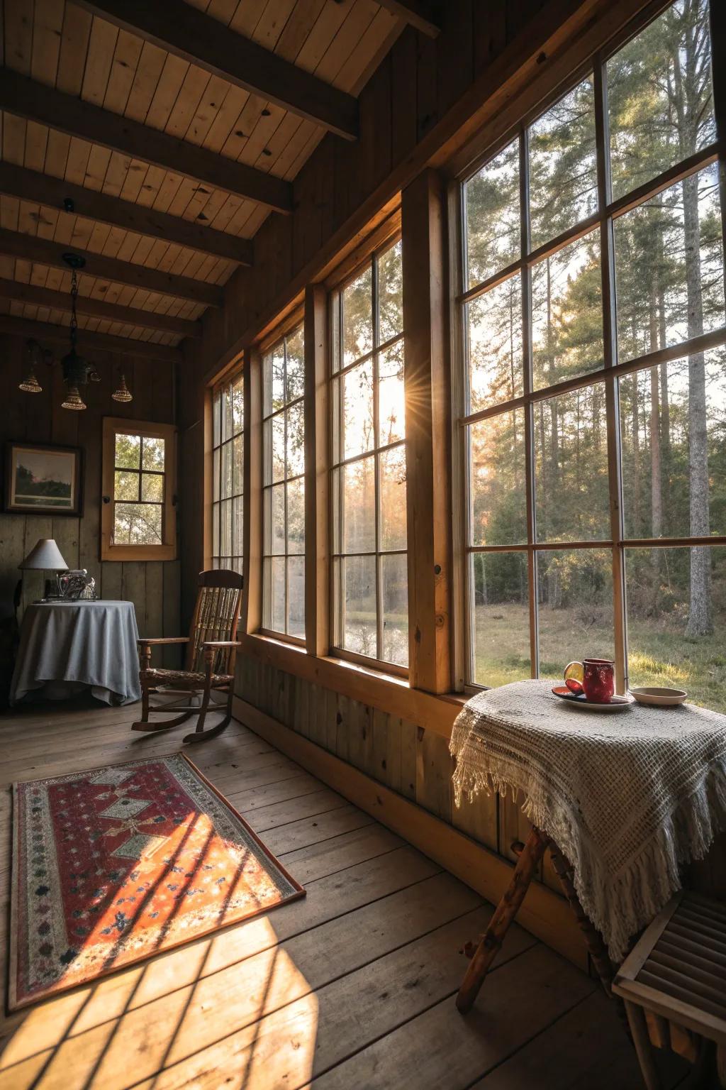 A light-filled shed cabin thanks to large windows.