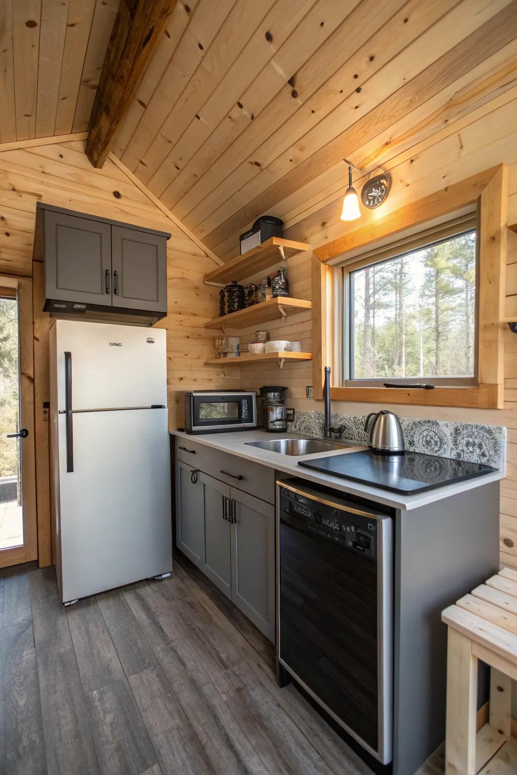 A modern compact kitchen in a shed cabin.