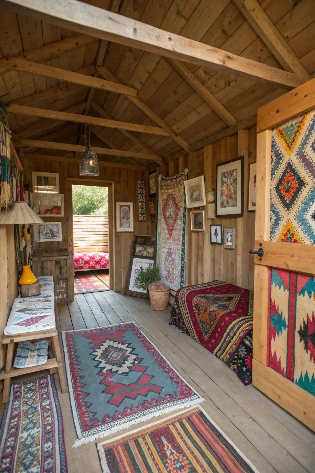 Decorative elements bring warmth and personality to this shed cabin.