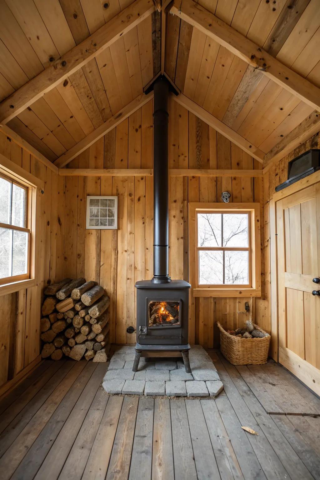 A wood stove brings warmth and ambiance to this shed cabin.