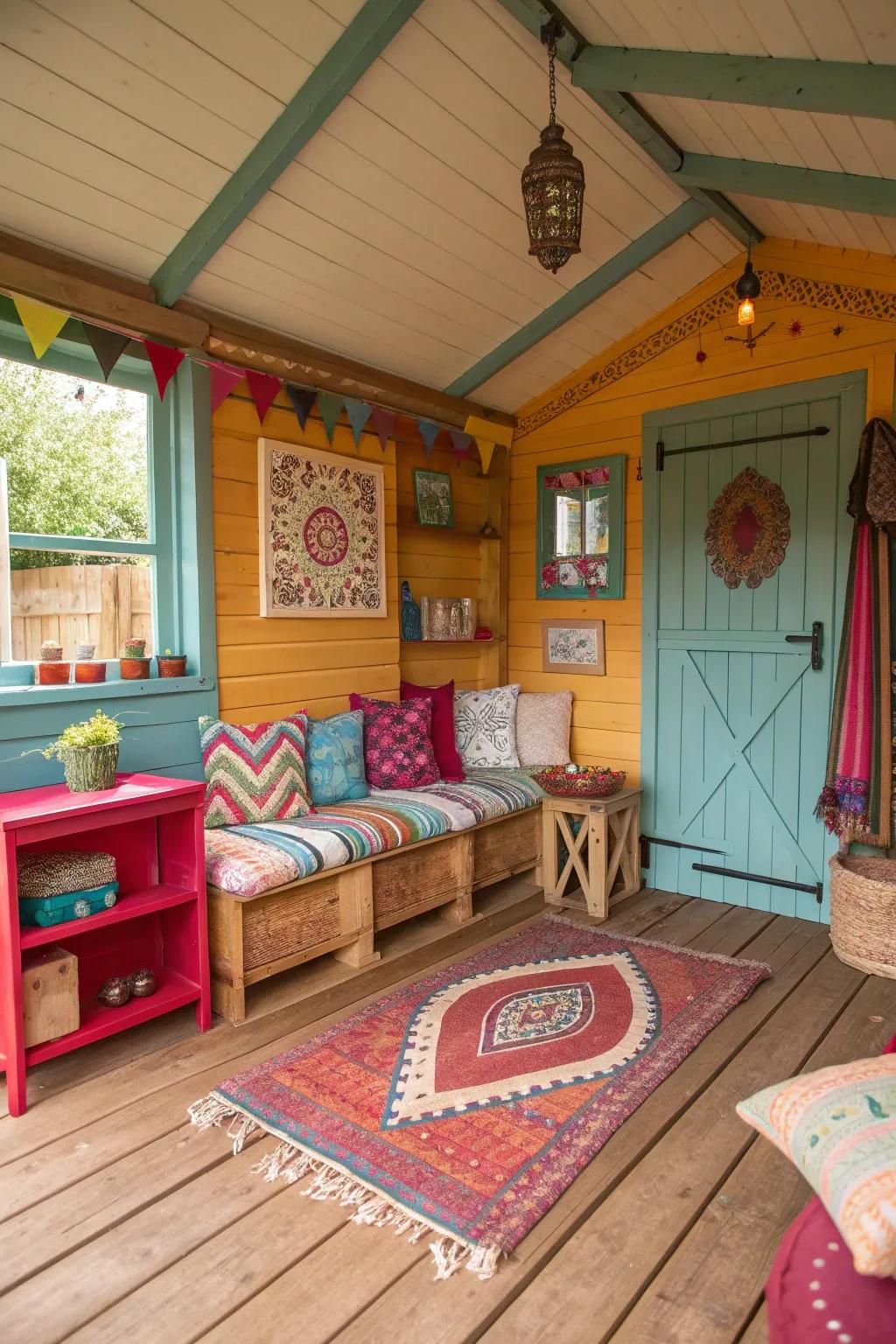 A pop of color brightens up this shed cabin.