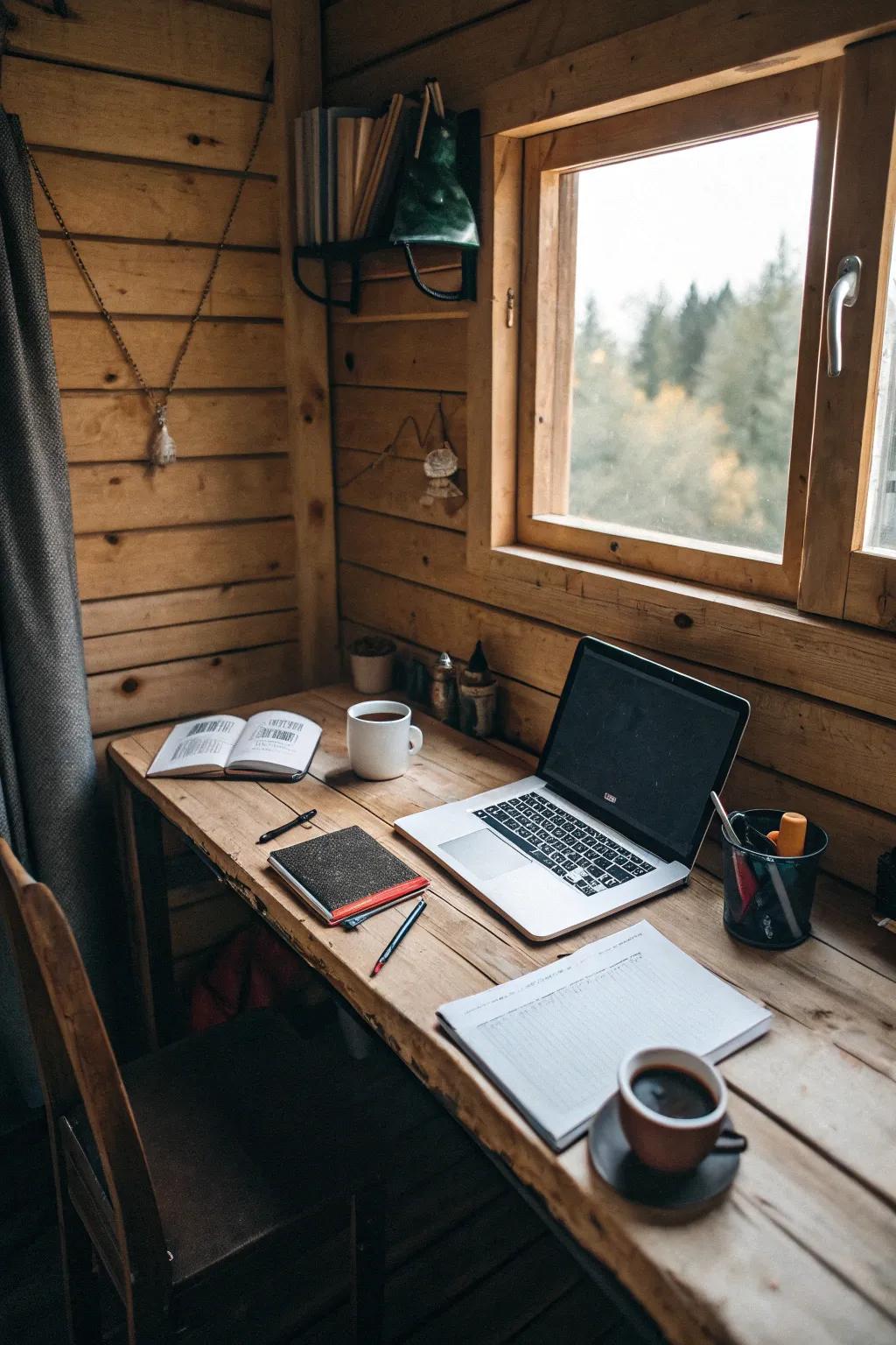A compact workspace fits perfectly in this shed cabin.