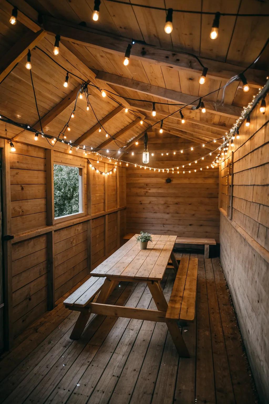 String lights add a cozy ambiance to this shed cabin.