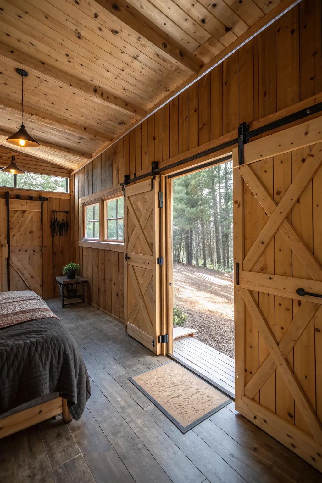 Sliding barn doors add character to this shed cabin.