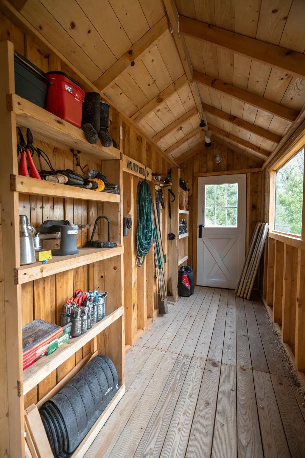 Vertical storage keeps this shed cabin organized.