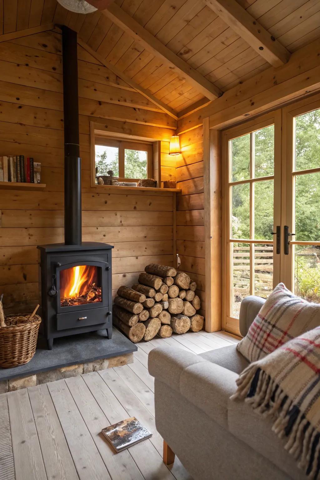 A cozy fireplace becomes the heart of this shed cabin.