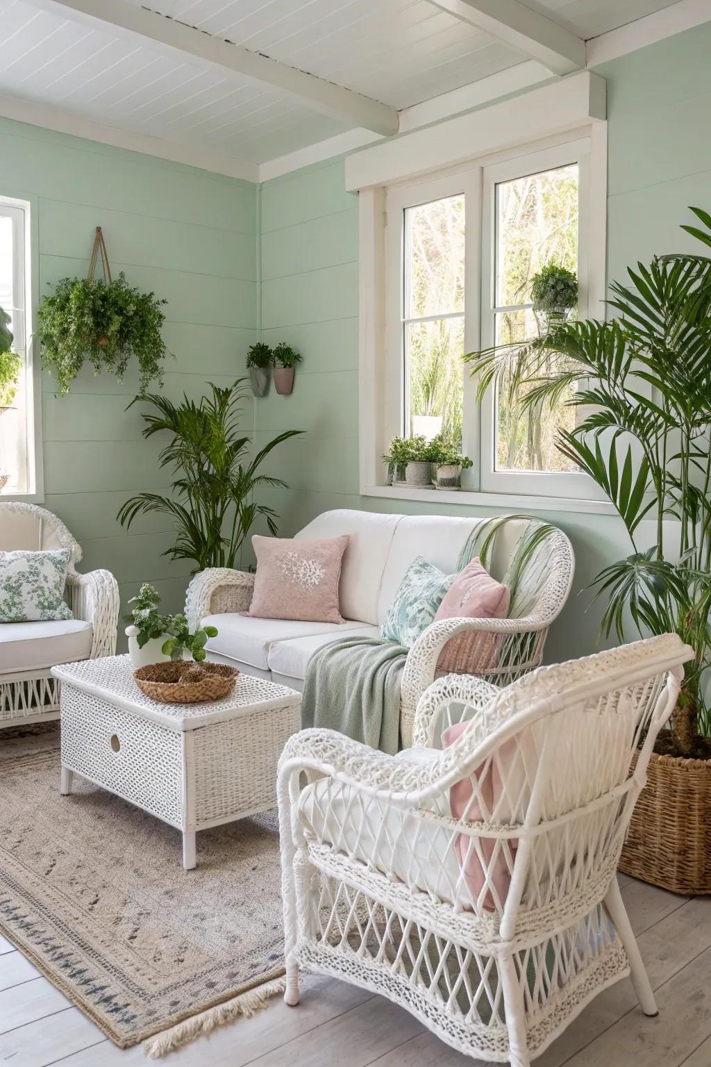 Crisp white rattan furniture brightens and freshens up any space.