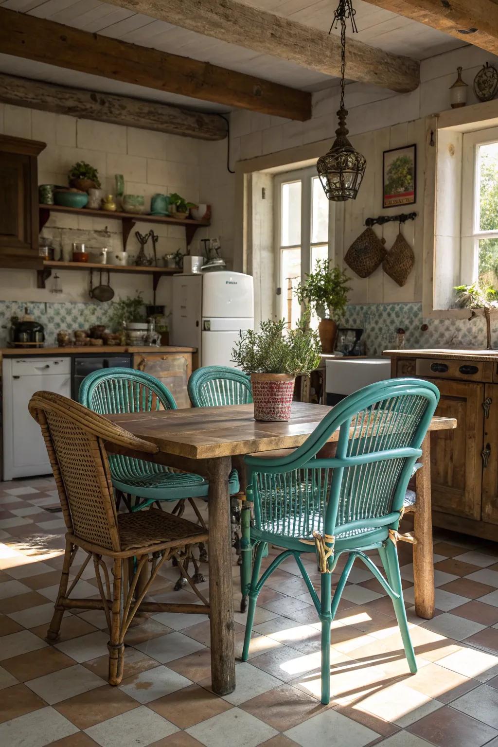 Distressed teal rattan brings a cozy, vintage feel to any setting.