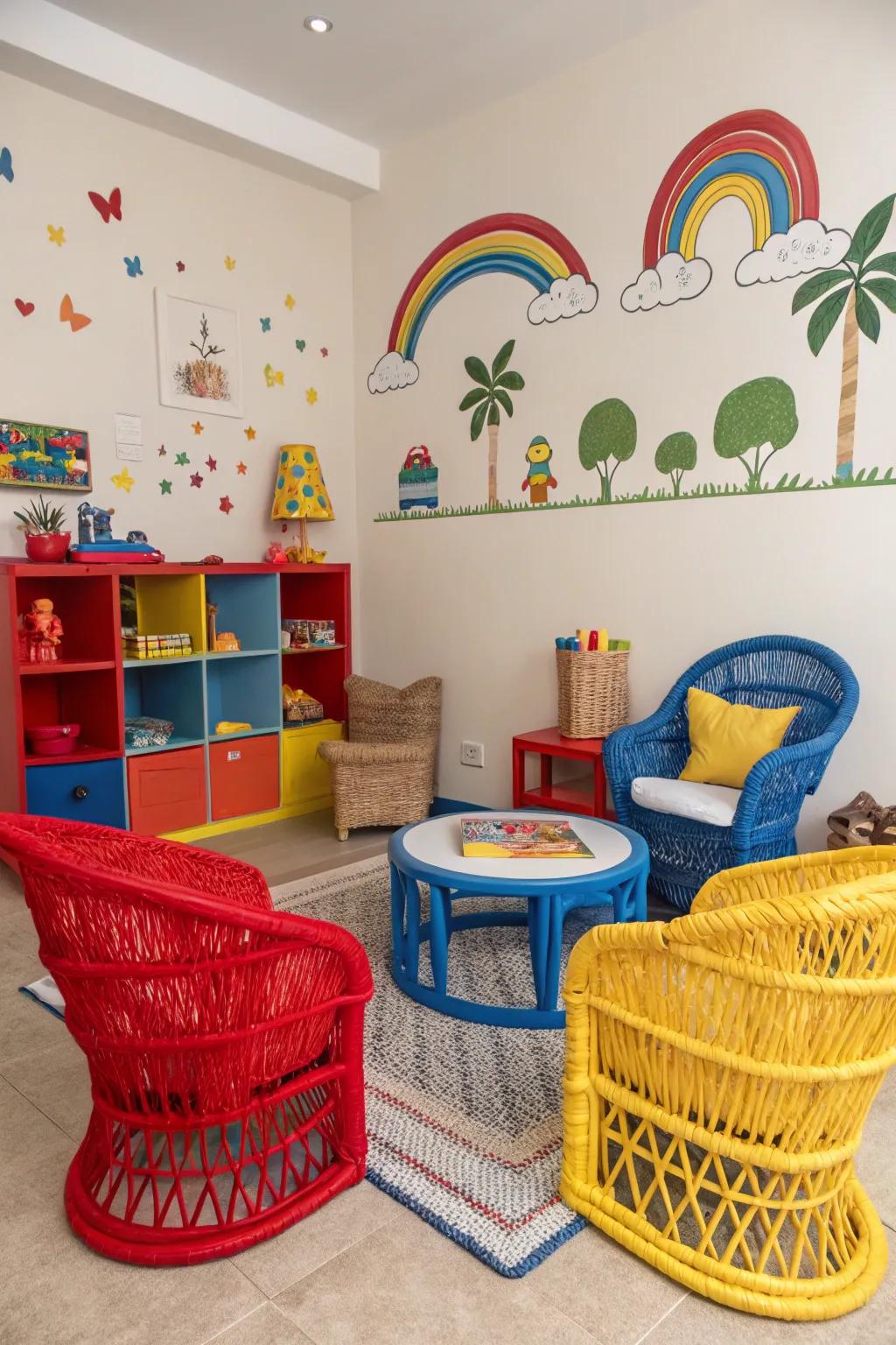 Primary colors on rattan furniture add a playful and energetic vibe.