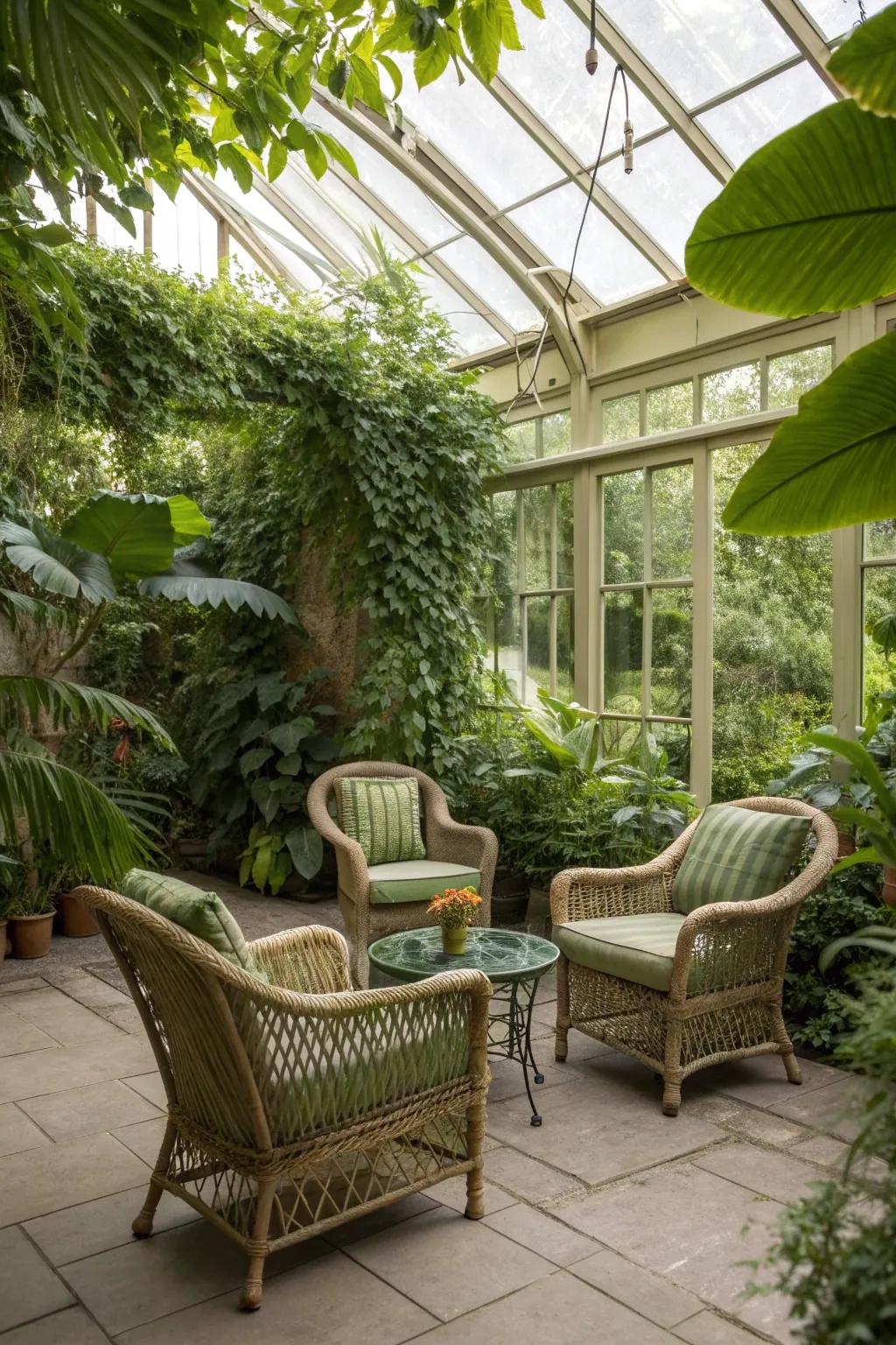 Olive green rattan creates a seamless indoor-outdoor connection.