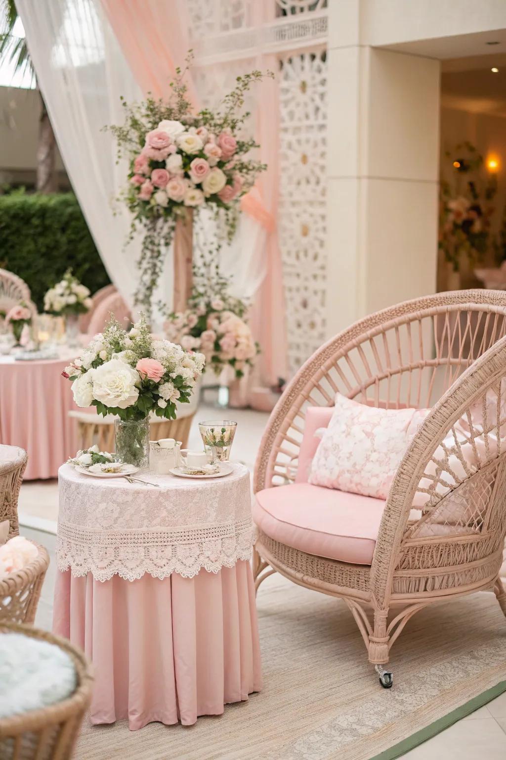Blush pink rattan introduces a touch of romance and elegance.