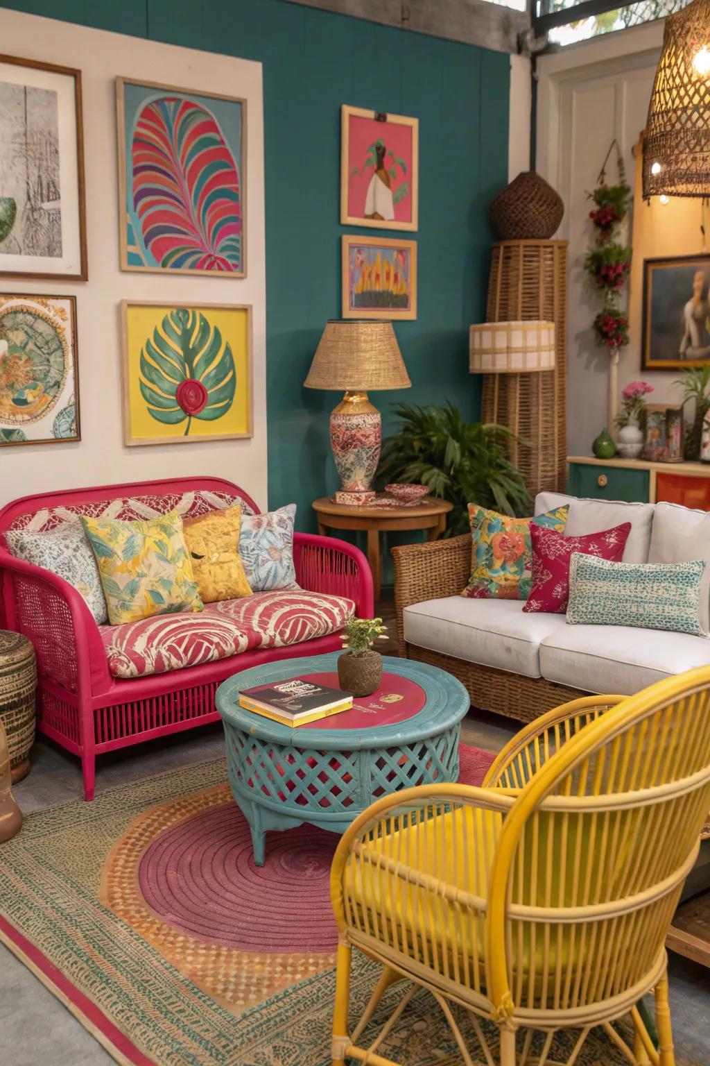 Mixing and matching colors on rattan adds a personalized, vibrant touch.