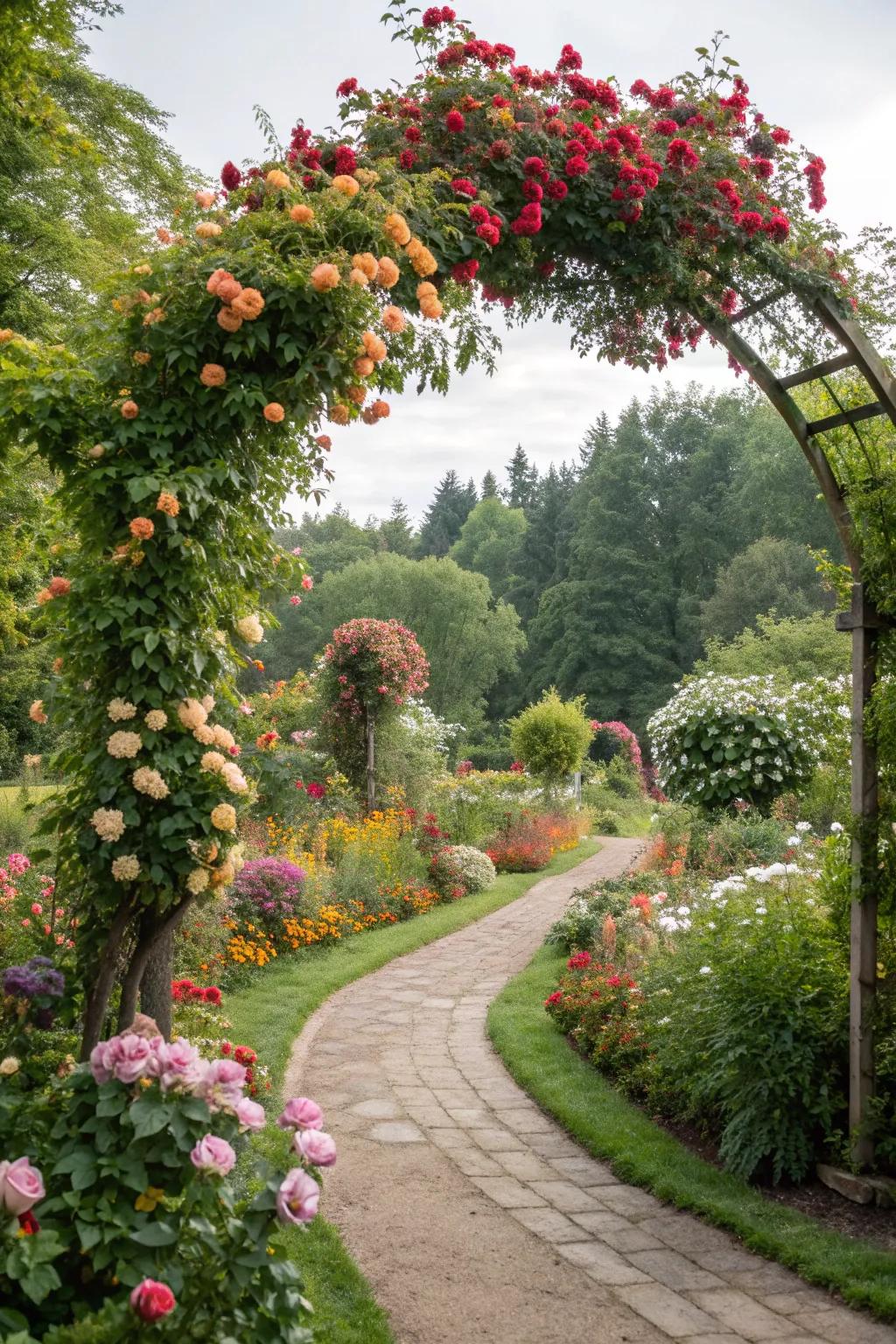 A classic floral arch with seasonal blooms for a romantic garden wedding.