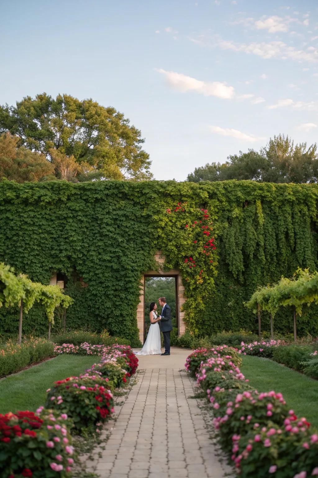 A greenery wall offers a fresh, nature-inspired backdrop.