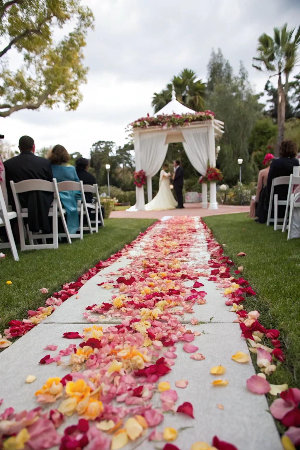 A petal carpet adds elegance and color to the wedding aisle.