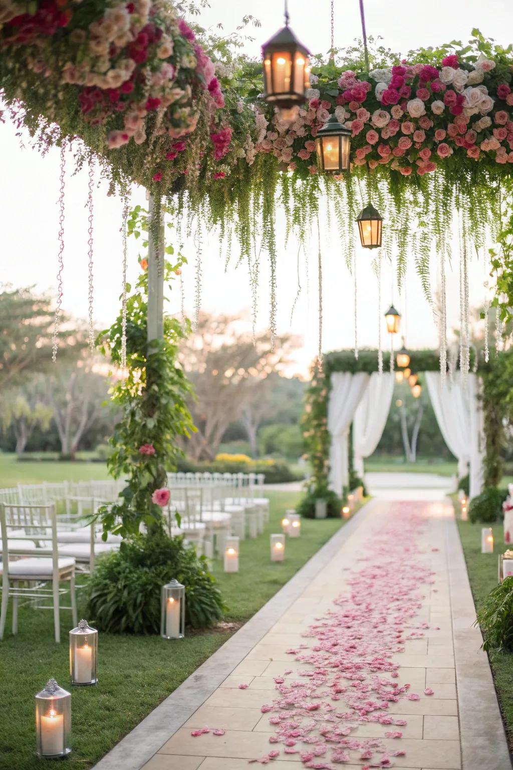 Hanging garlands form a whimsical and enchanting canopy.
