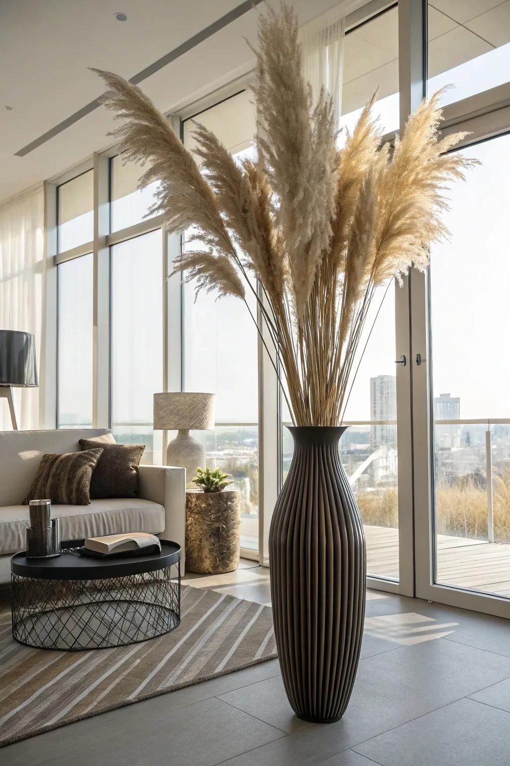A tall floor vase with pampas grass adds elegance to a modern living room corner.