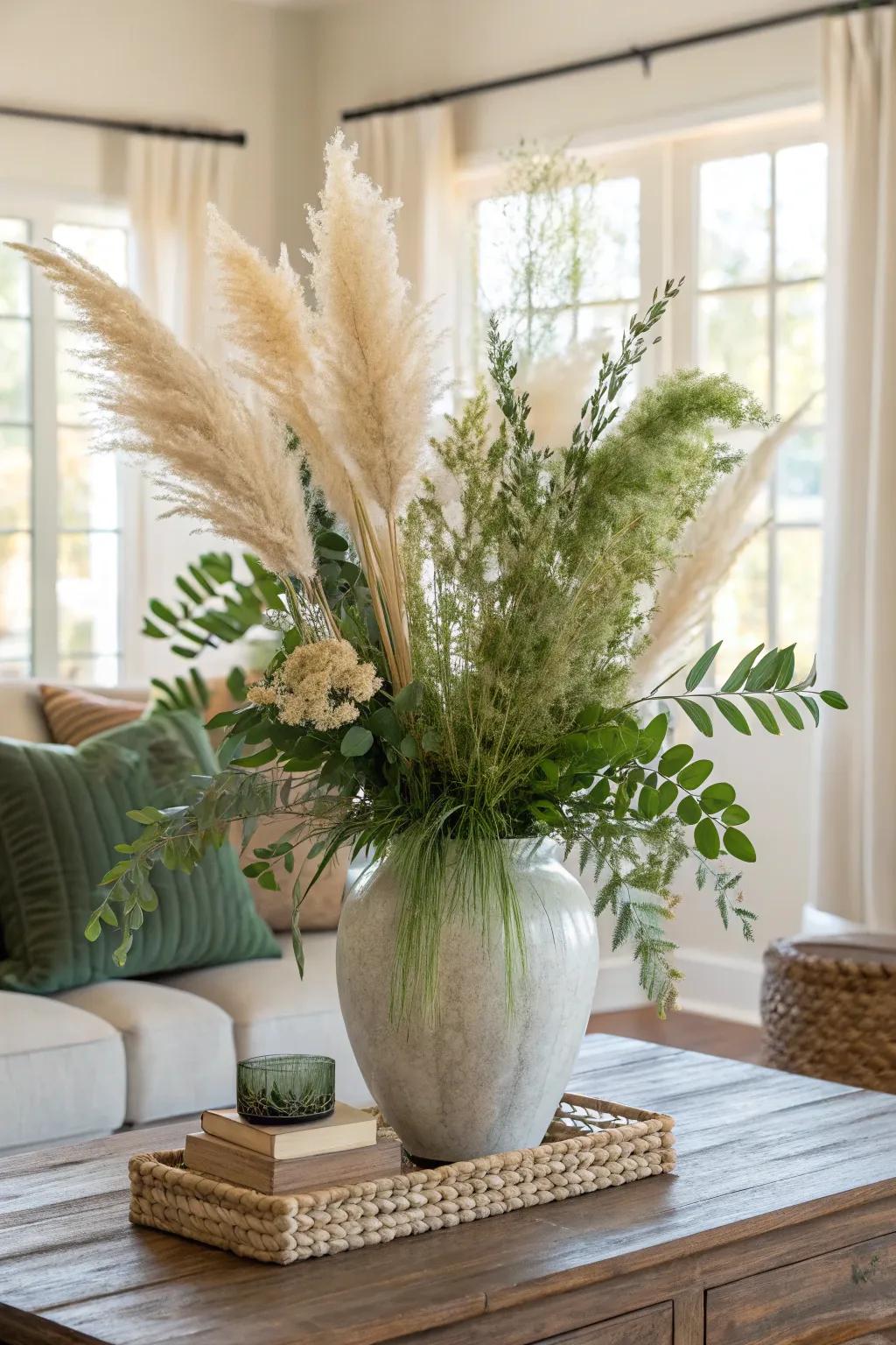 A bright living room showcasing a broad vase with pampas grass mixed with fresh greenery.