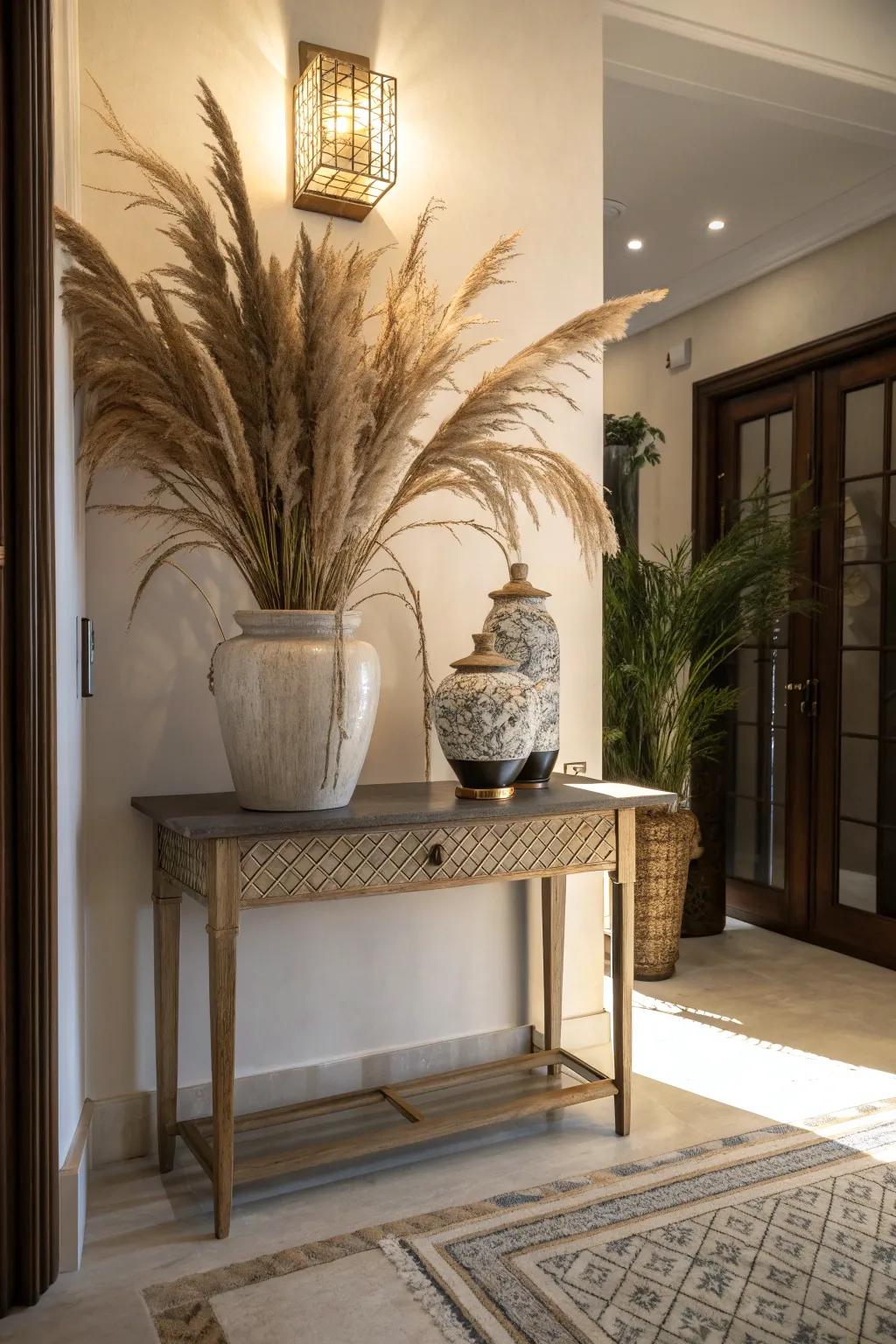 An entryway console table adorned with a stylish vase of pampas grass.