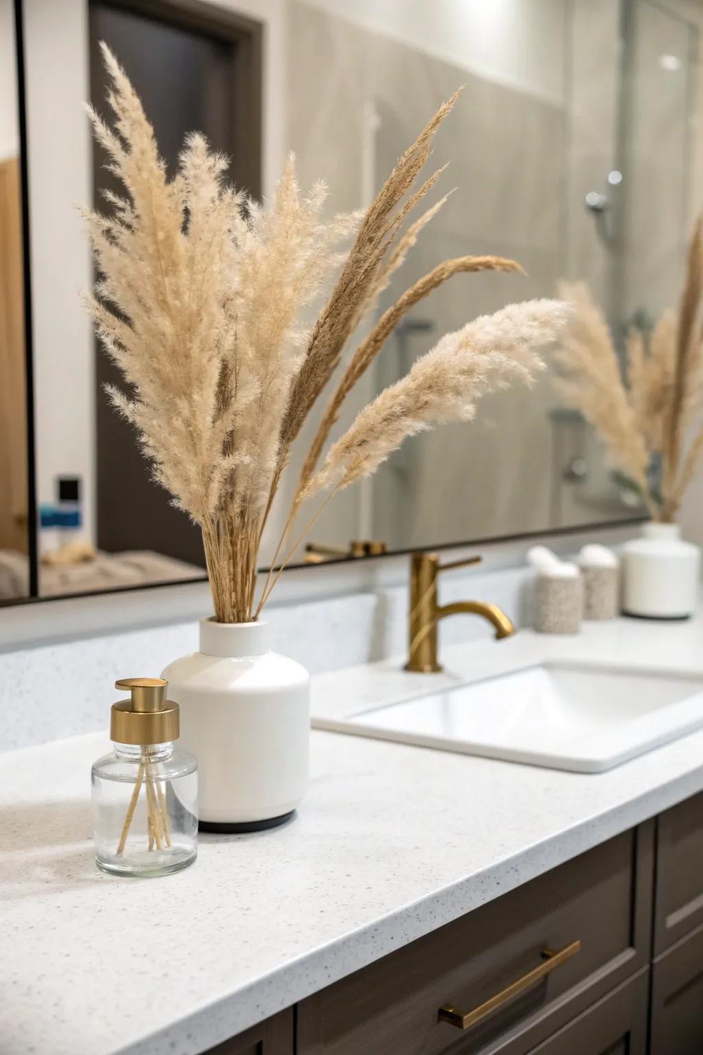 A bathroom vanity enhanced by a small vase of pampas grass, creating a spa-like feel.