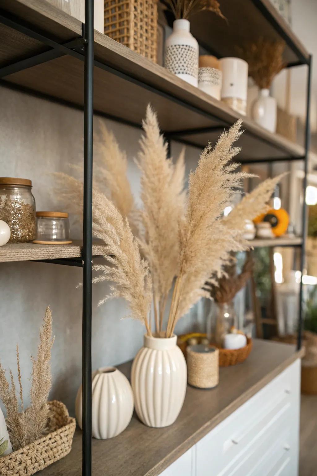 Shelves featuring seasonal decor with small vases of pampas grass for a fresh update.