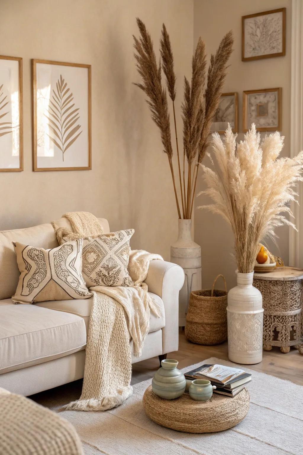 A serene living room showcasing pampas grass arrangements in a neutral color palette.