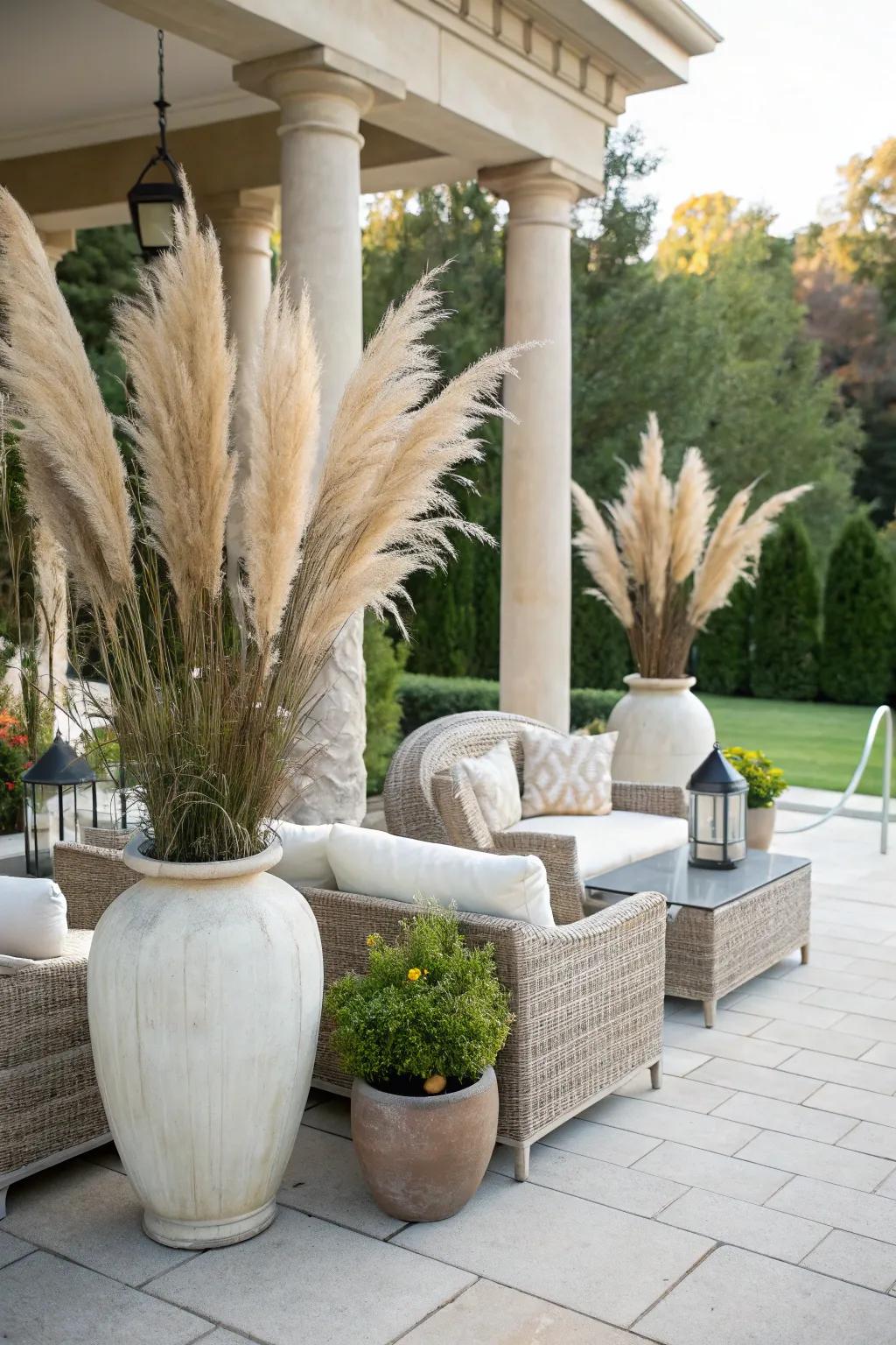 A chic outdoor patio adorned with large vases of pampas grass and stylish furniture.