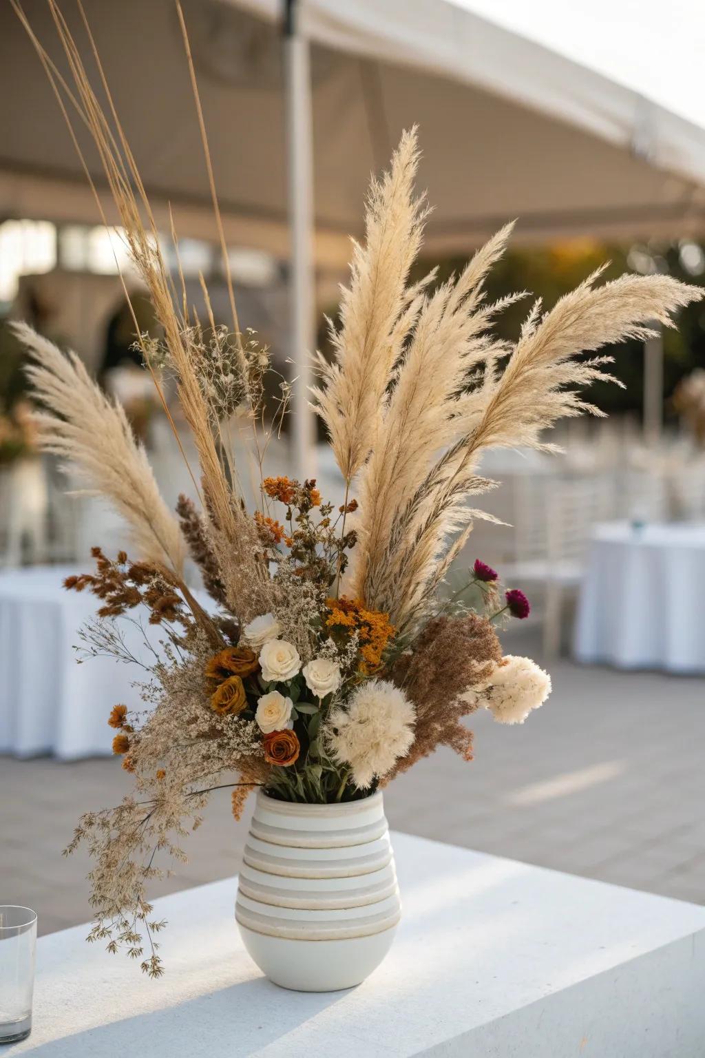 An artistic arrangement featuring pampas grass and dried flowers in a stylish vase.