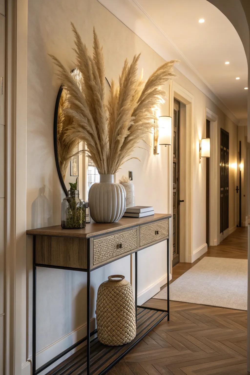 A hallway enhanced by a console table with a medium-sized vase of pampas grass.