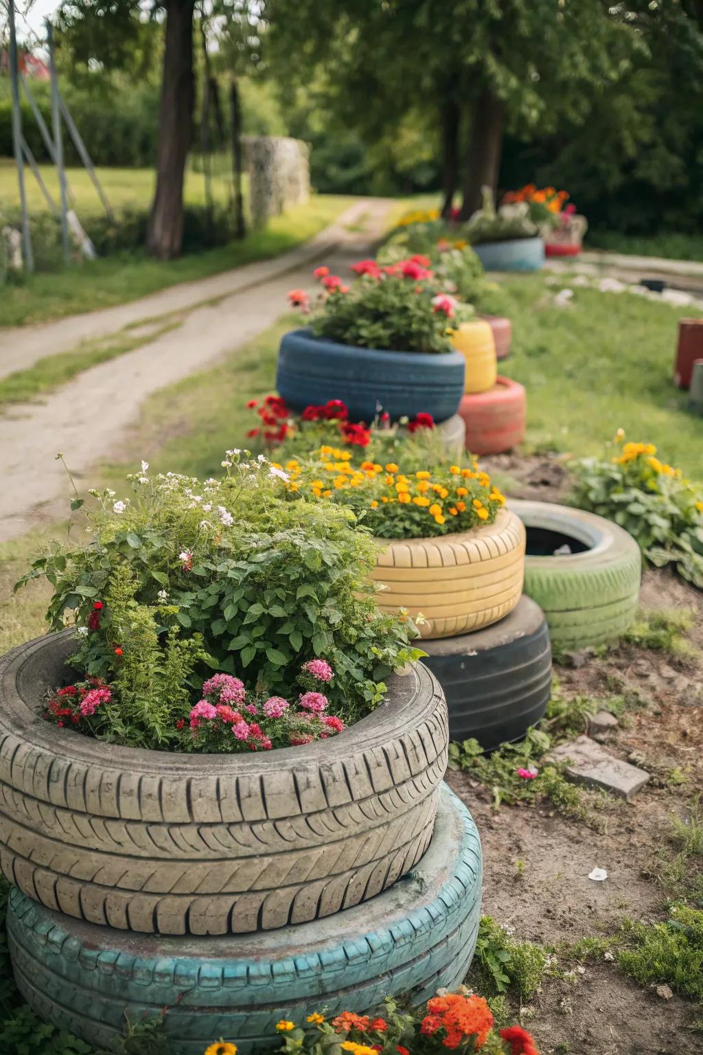 Stacked tires create multi-level planters that add depth and dimension.