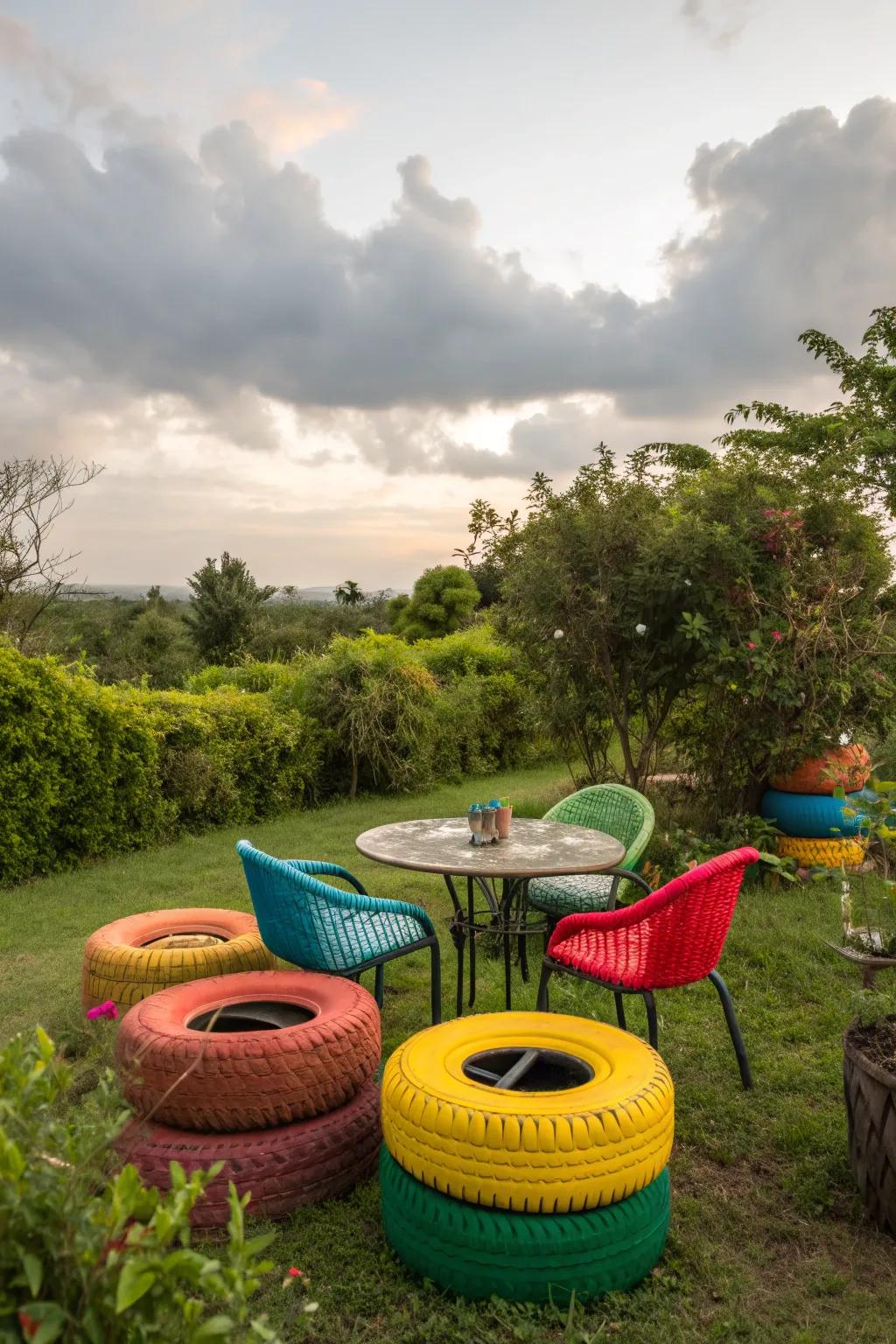 Tires upcycled into garden furniture make for unique and eco-friendly seating.