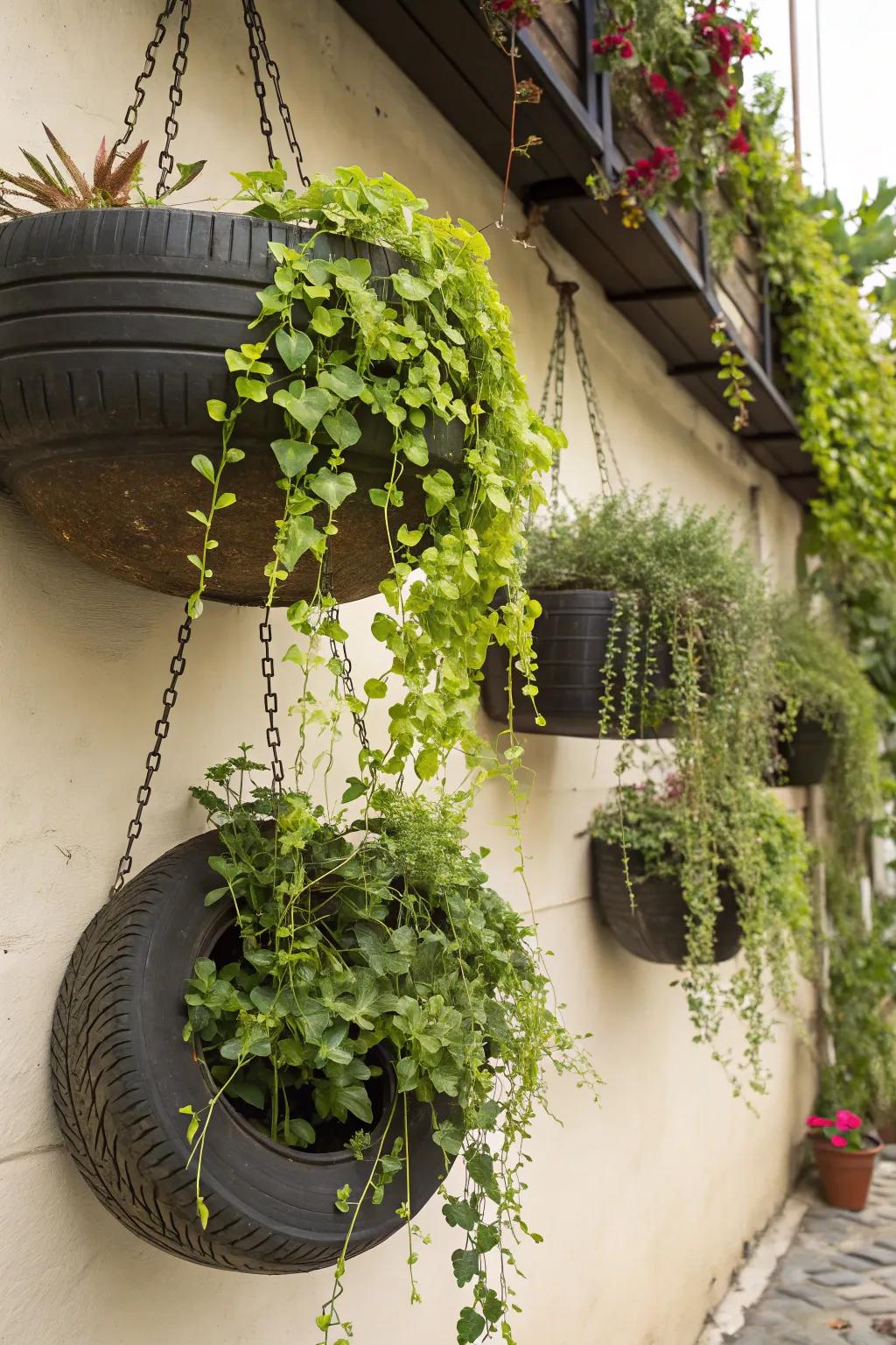 Hanging tire planters bring vertical greenery to garden walls.