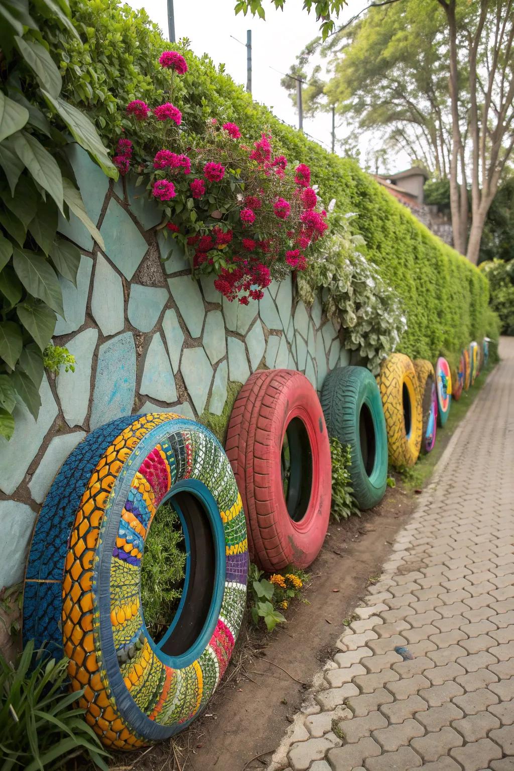 Tire mosaic walls transform dull spaces into vibrant art.