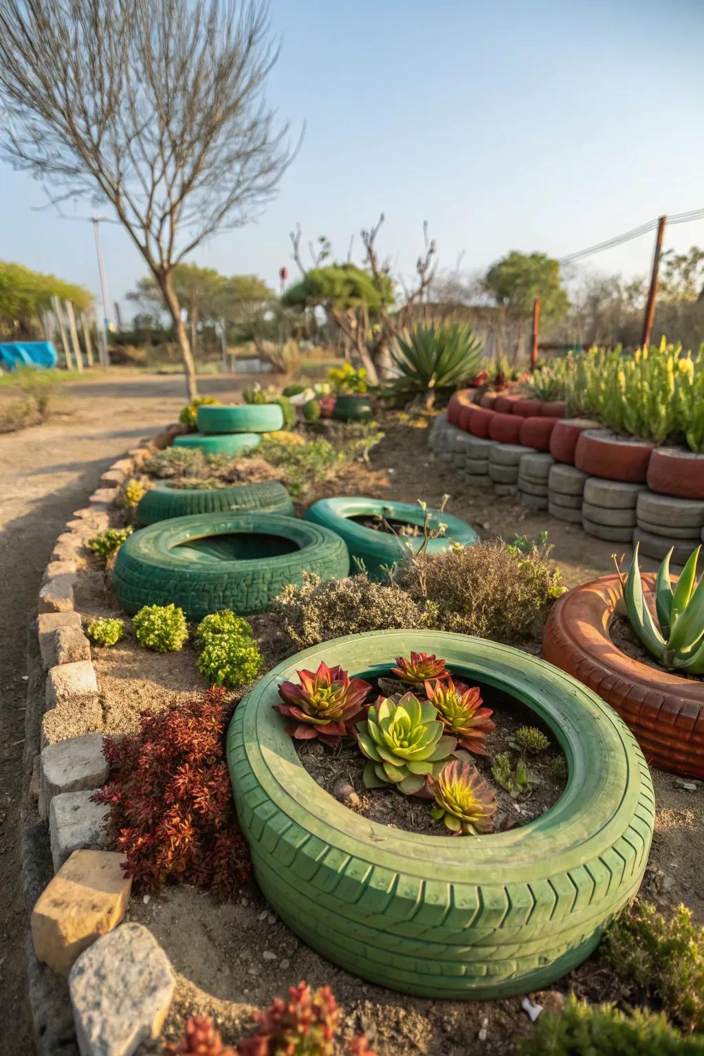 Camouflage tire planters blend seamlessly into garden landscapes.