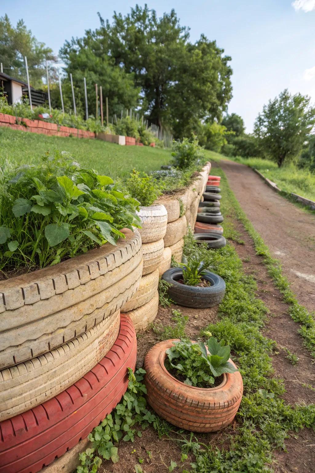 Low tire walls add structure and charm to garden spaces.