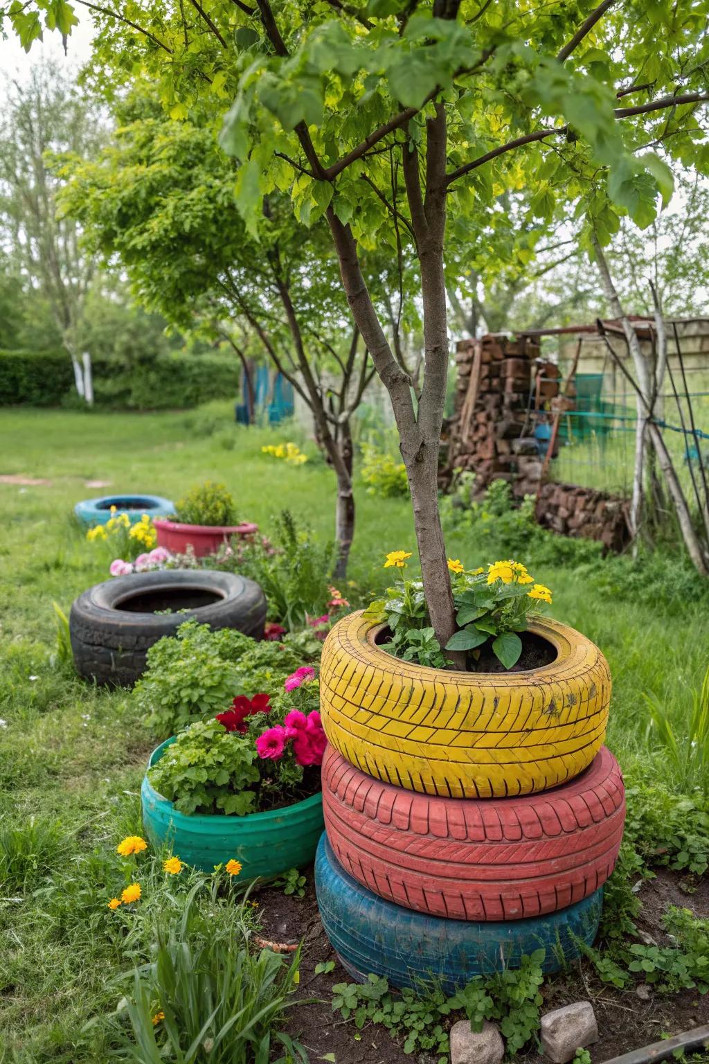 Tire tree planters provide the depth needed for healthy root growth.