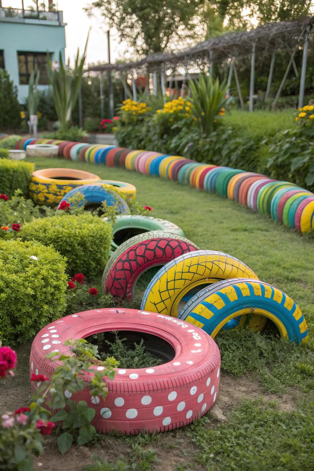 Patterned tire planters add personality and charm to garden spaces.