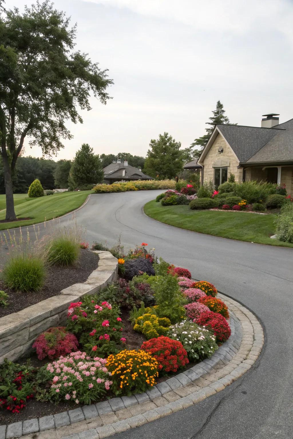 A circular garden bed turns a driveway into a blooming centerpiece.