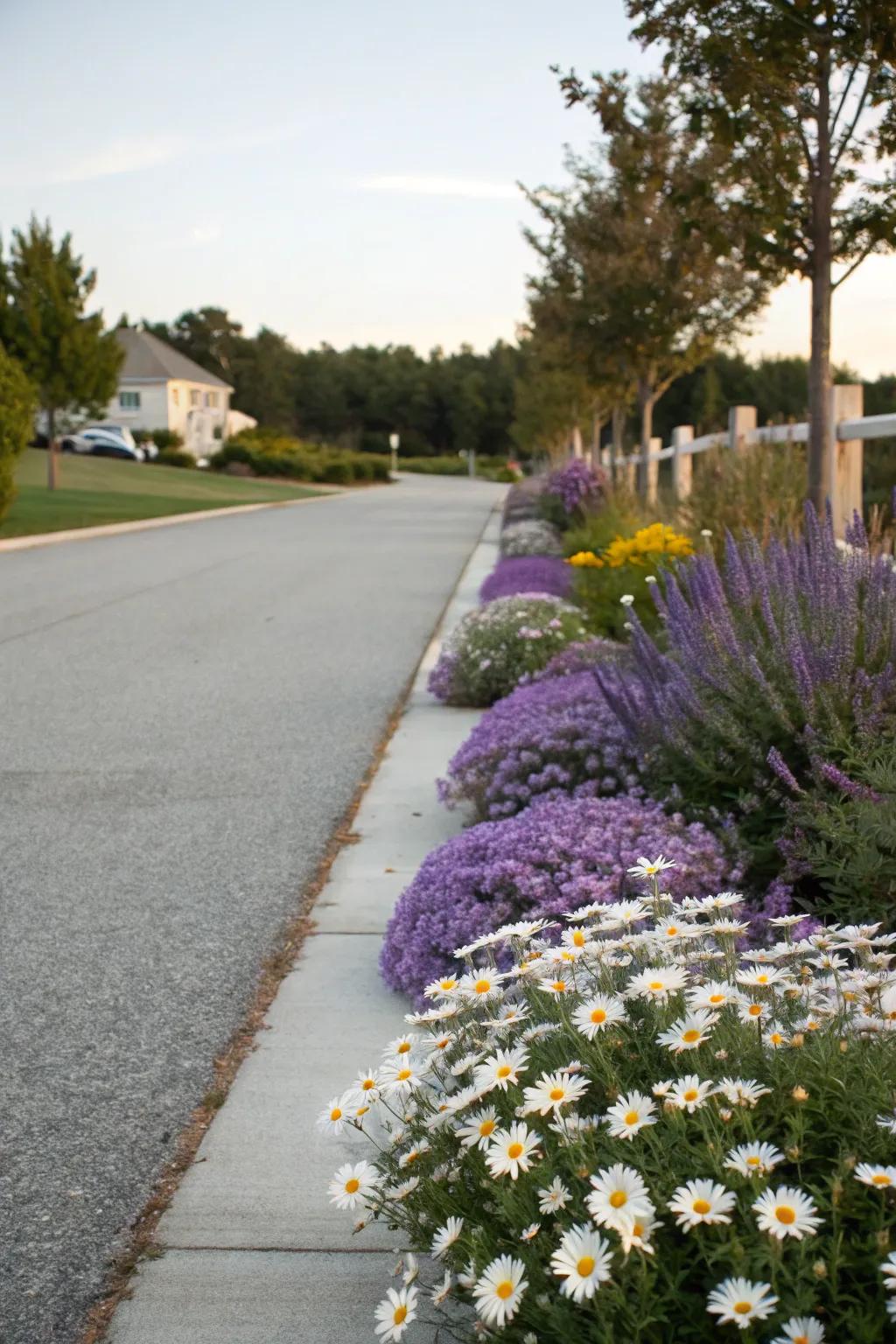 Pathway borders with flowers add charm and fragrance to a driveway.
