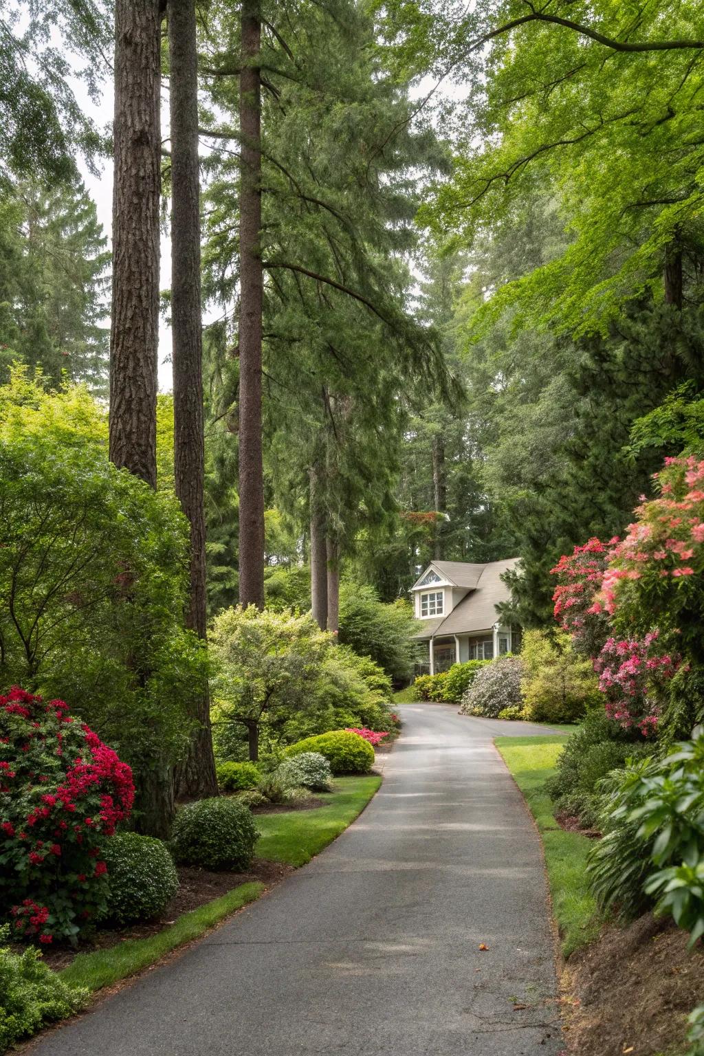 Lush greenery creates a serene and inviting driveway.