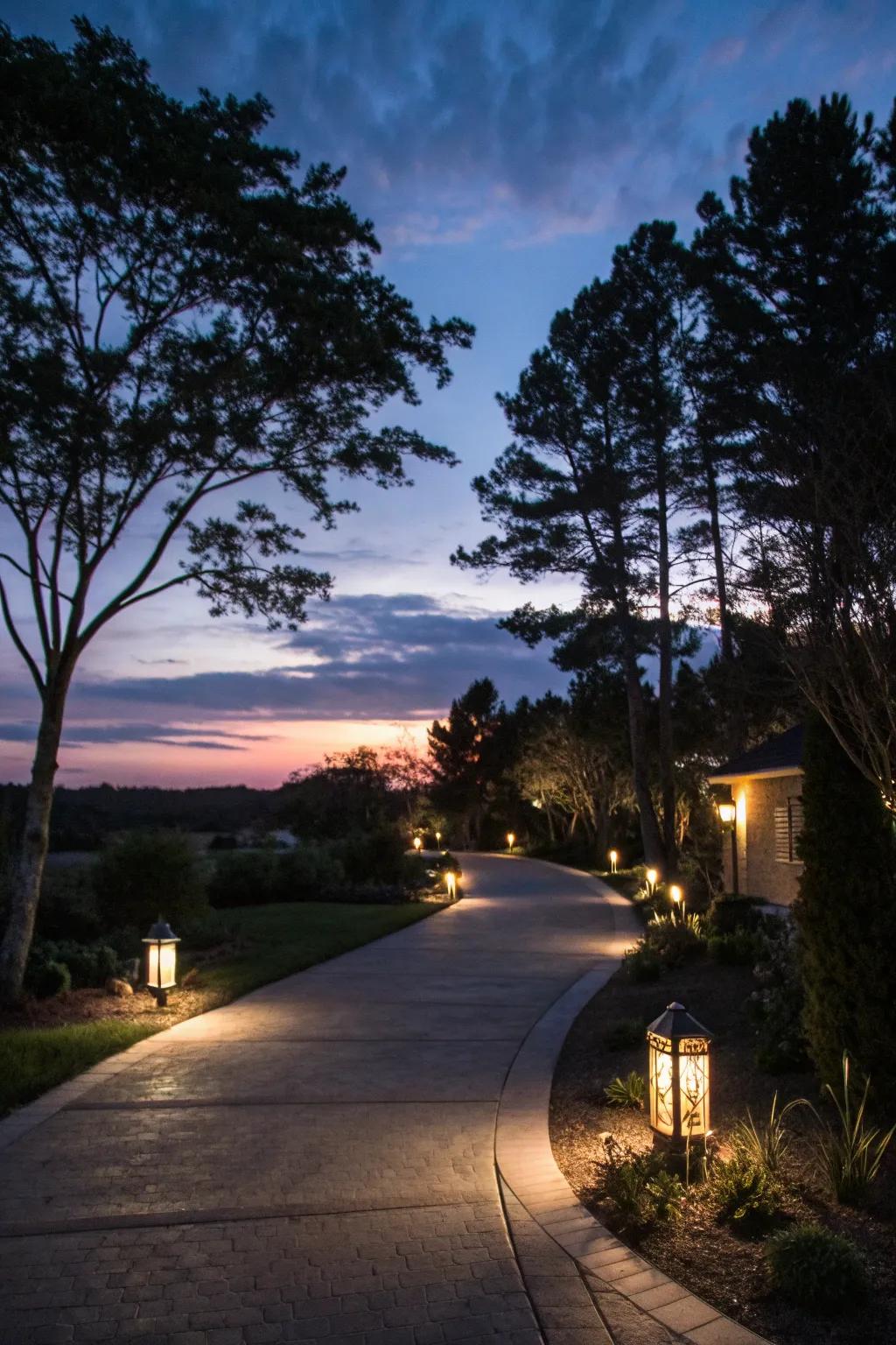 Driveway lighting enhances safety and beauty.