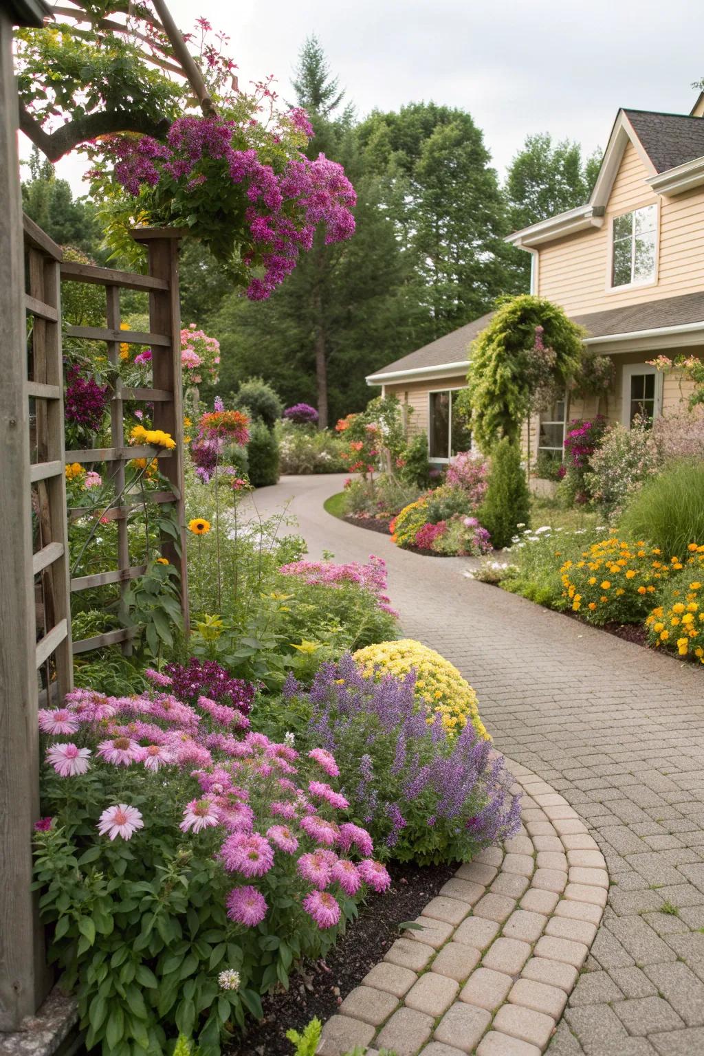 A mix of plant types creates a lively and colorful driveway.