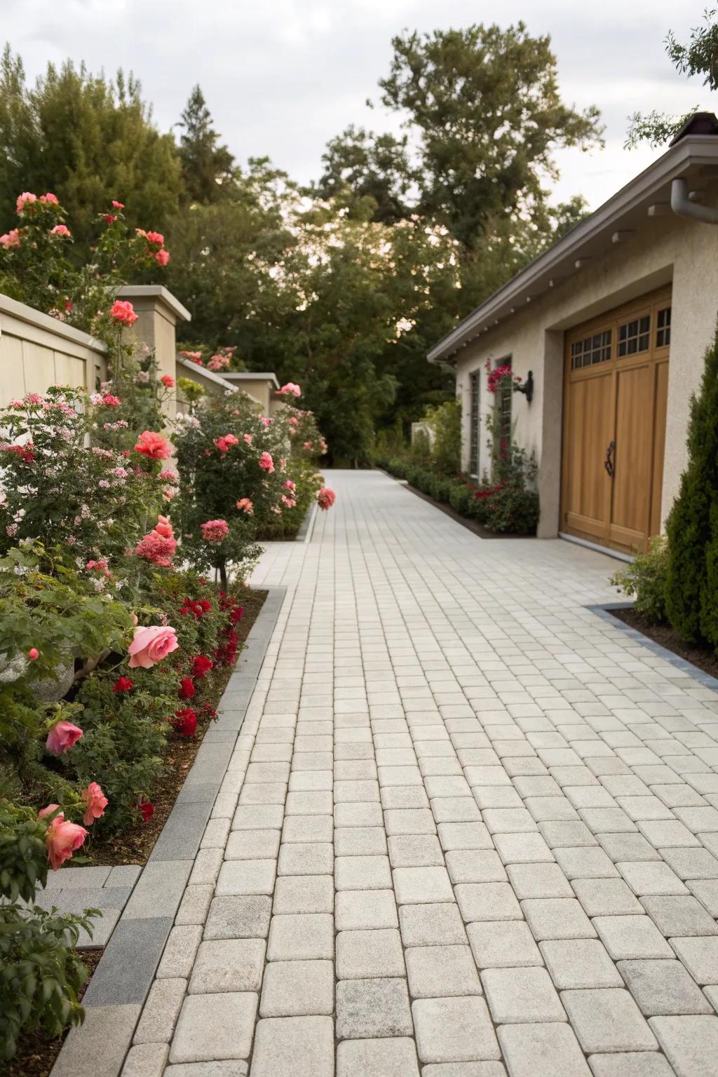 Blend of modern and traditional styles creates a unique driveway.