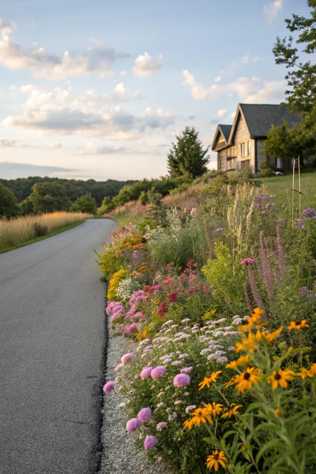 Wildflowers bring color and life to a driveway border.