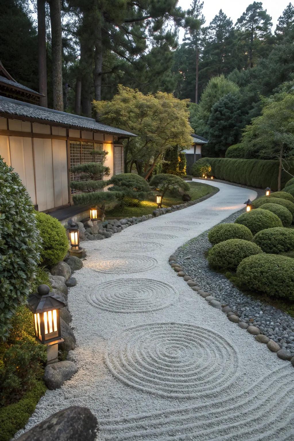 A Zen garden adds tranquility to a driveway setting.