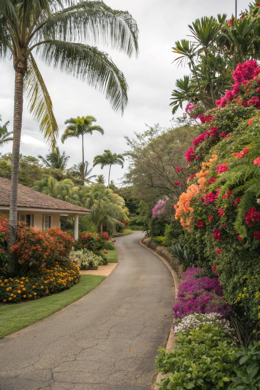 A tropical paradise driveway offers lush greenery and exotic beauty.