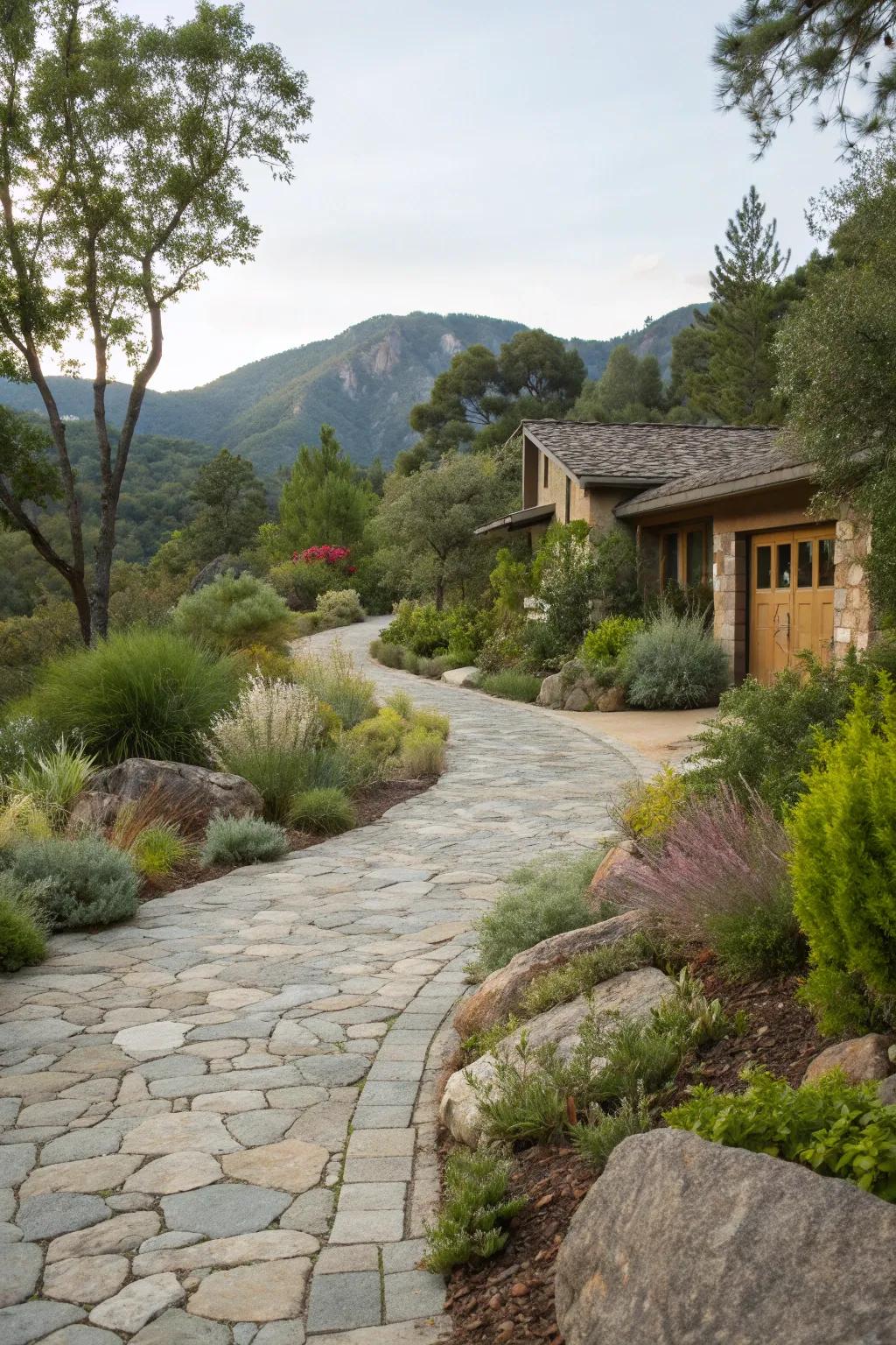 A mountain retreat theme brings rugged beauty to the driveway.
